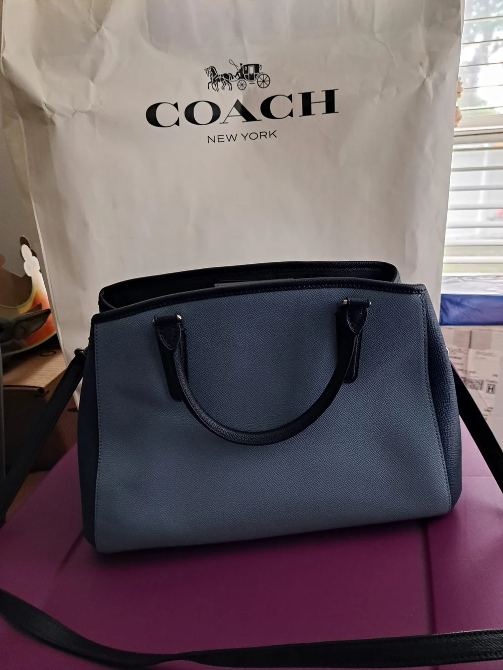 Coach‎ Margot Carryall Light Blue and Black Leather Satchel with Tag